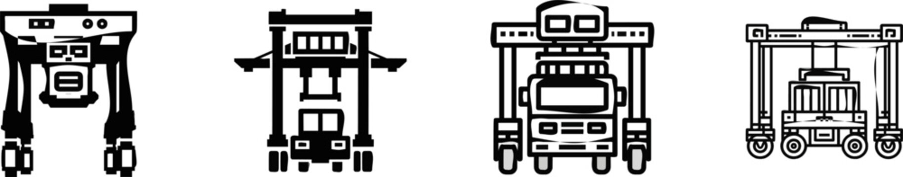 A minimalist flat vector icon of a port terminal straddle carrier, in black and white with clean bold lines and simple geometric shapes, isolated on a pure solid white background