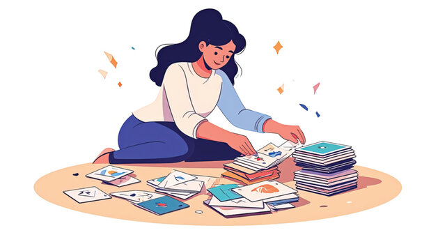 Woman Organizing Colorful Paper Card Files.