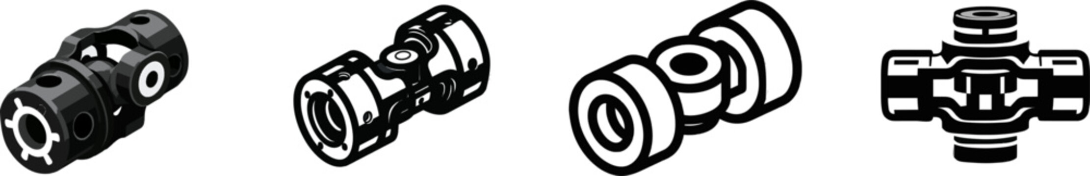 A minimalist flat vector icon of a mechanical universal drive shaft yoke joint coupling in black and white, featuring clean bold lines and clear contours on a pure solid white background