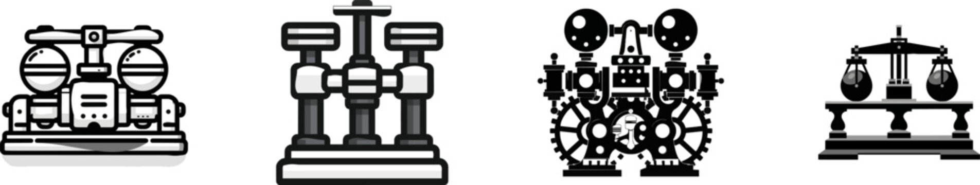 A minimalist flat vector icon of a mechanical steam engine centrifugal speed flyball governor shows a black and white weighted arm mechanism with clean bold lines and clear contours on a pure solid
