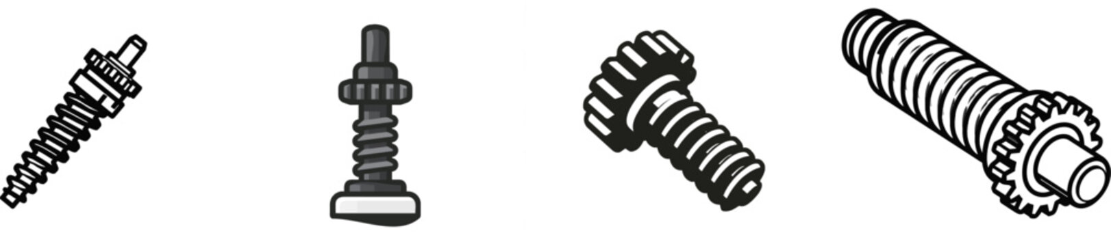 A minimalist flat vector icon of a mechanical worm gear screw drive shaft assembly in black and white, featuring clean bold lines and simple geometric shapes on a pure solid white background