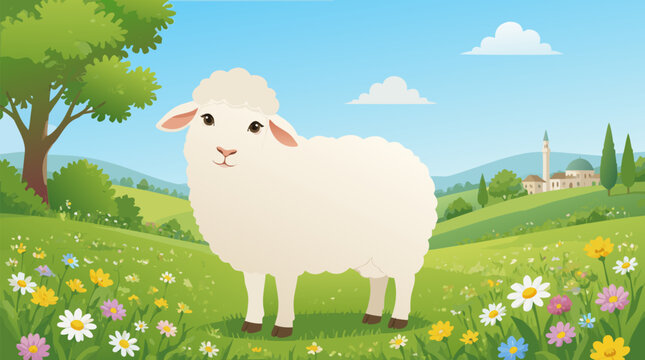 Fluffy White Sheep Standing Peacefully in a Lush Green Grass Meadow for Kurban Bayrami Eid al-Adha Islamic Religious Festival Sacrifice Celebration in a Clean Flat Vector Illustration Background