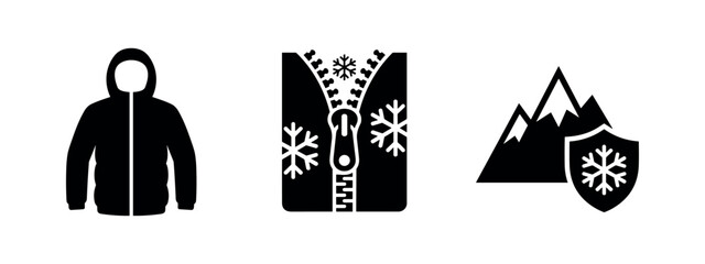 Three black icons related to winter clothing and protection on white background © Lili
