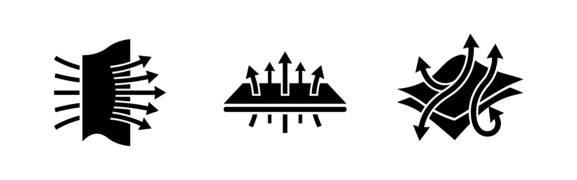 Three black icons illustrating air flow and breathability on white background