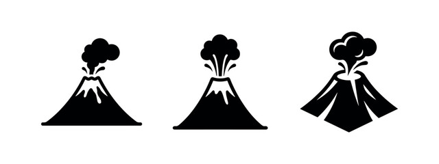 Three black volcano icons representing eruption and natural disaster on white background © Lili