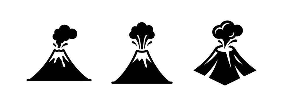 Three black volcano icons representing eruption and natural disaster on white background
