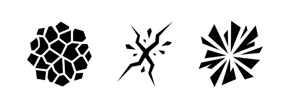 Three abstract black icons representing cracks and fragmentation on white background