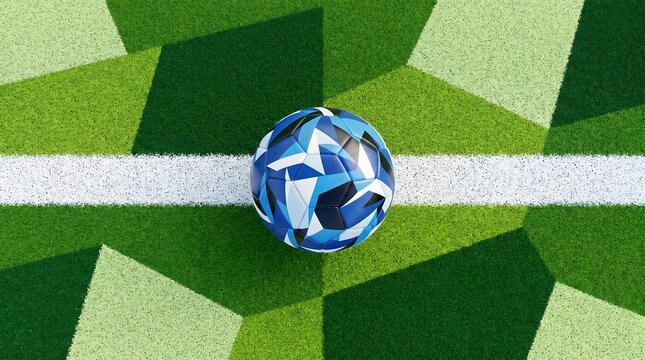 Soccer Ball On Green Field digital, contest With White Lines 3d Rendered Illustration aerial