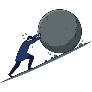 Man struggling to push a heavy rock up a steep incline digital illustration