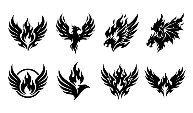 Phoenix Fire Bird Silhouette Vector Icon Set Featuring Flame Wings and Mythical Creatures for Tribal Tattoo Logo and Graphic Design Layouts