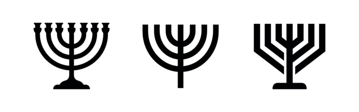 Collection of three silhouette icons of menorahs in different styles