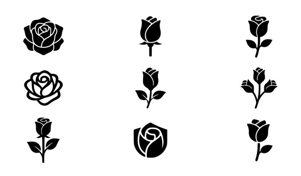 Minimalist Black Rose Vector Icon Set Featuring Simple Flower Blossoms Buds and Stems with Leaves for Clean Modern Graphic Design Layouts