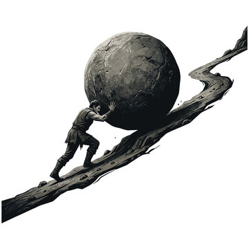 Person pushing a heavy stone boulder up a steep mountain slope concept