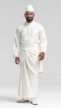 A muslim man in a white baju melayu outfit and peci cap stands against a light gray
