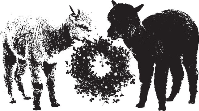 Black and white silhouette illustration of two llamas eating from a circular wreath isolated on transparent background, Vector