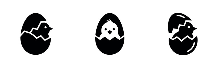 Three black and white icons of chicks hatching from eggs © Lili