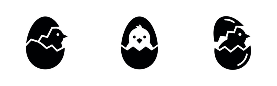 Three black and white icons of chicks hatching from eggs