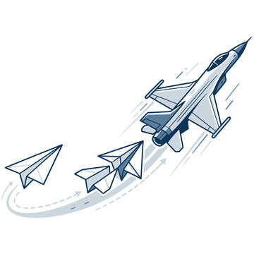Illustration of paper planes transforming into a modern fighter jet in flight