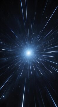 Space exploration space travel warp speed hyperspace star trail light streak motion blur through deep space starfield with bright central blue glow cosmic burst dynamic abstract universe futuristic