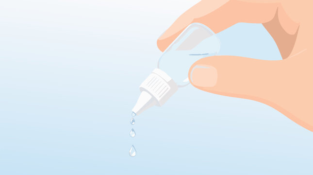 Clean flat vector illustration showing a plastic bottle of liquid eye drops being squeezed to release a drop, suitable for medical instruction manuals and eye care health advertisements.