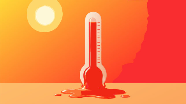 Melting thermometer icon illustrating extreme heatwave, global warming, and climate change effects. Flat vector design with vibrant reds and oranges representing dangerously high temperatures.