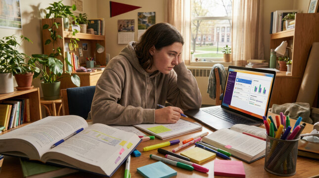 Female student in gray hoodie studying at a messy desk with open textbooks, colorful stationery, and a laptop displaying graphs in a well-lit room with plants