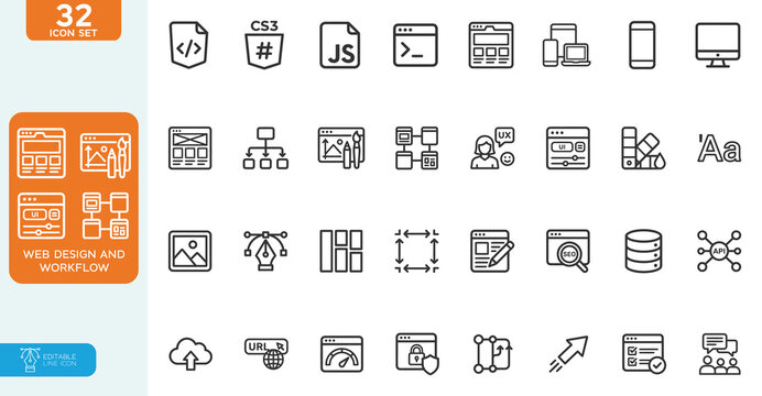 Web Design and Workflow Vector illustration line editable Icons set. Web Design, process, planning, strategy, teamwork, productivity, task, step, action, worker. on white background.