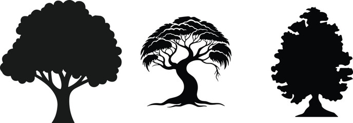 Deciduous and bonsai tree silhouettes black vector collection isolated on white background for nature logo or landscape design © MDKhademul