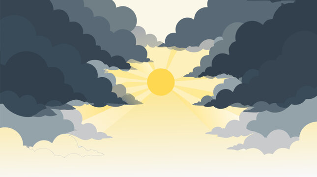 Flat vector illustration of a glowing yellow sun breaking through dark heavy storm clouds against a light background, symbolizing hope, light, and a break in the weather for weather concepts.