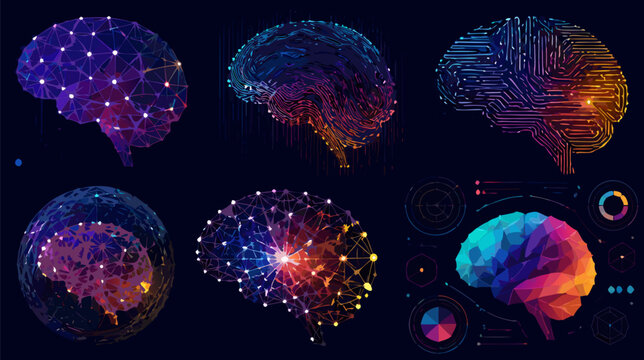 Advanced artificial intelligence concept with a glowing digital brain and interconnected neural network nodes in a flat vector illustration style, symbolizing machine learning and deep thinking.
