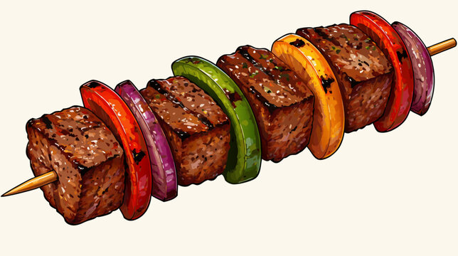 Flat vector illustration of a delicious grilled meat skewer shish kebab with chunks of beef or lamb and vegetables, perfect for food menus, barbecue party concepts, and culinary designs on white.