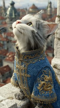 A noble siberian cat wearing an ornate blue and gold royal coat looks up thoughtfully from a stone ledge overlooking a