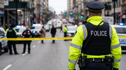 Obraz premium Police officer guarding cordoned city street with patrol cars, emergency response, public safety and crime scene investigation with copy space.