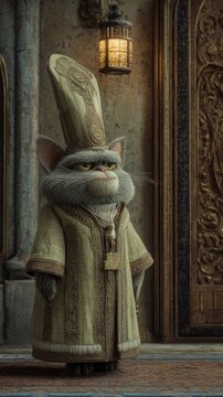 A persian cat dressed as an imperial eunuch stands in a dimly lit hallway with a lantern overhead