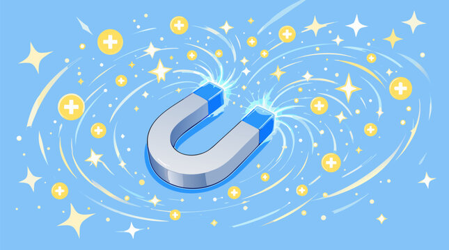 Conceptual flat vector illustration of a giant magnet attracting positive energy and golden stars. Symbolizes law of attraction, manifest success, and pulling in opportunities for growth.