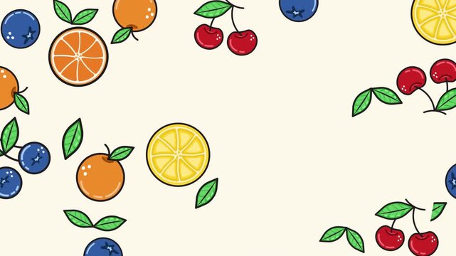 Seamless Cute Fruit Pattern Animated Background with Citrus, Blueberries and Cherries Colorful Cute Cartoon Fruit Pattern Motion Background Pattern Background Loop Animation for Summer Design