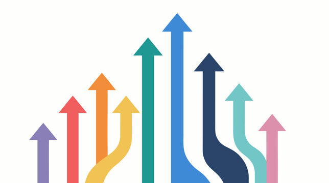 Collective set of diverse directional arrows pointing up in a minimalist flat vector illustration, perfect for representing advancement, achievement, and positive trends in data visualization.