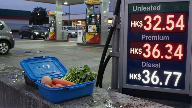 Gas station prices contrast with a blue container of fresh vegetables.