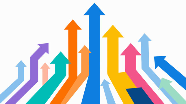 Dynamic group of directional arrows and flechas pointing upwards in a clean flat vector illustration style, symbolizing growth, progress, success, and positive movement for business graphics.