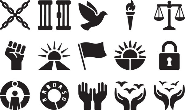 Black icons set of justice and freedom symbols in flat design for law and human rights