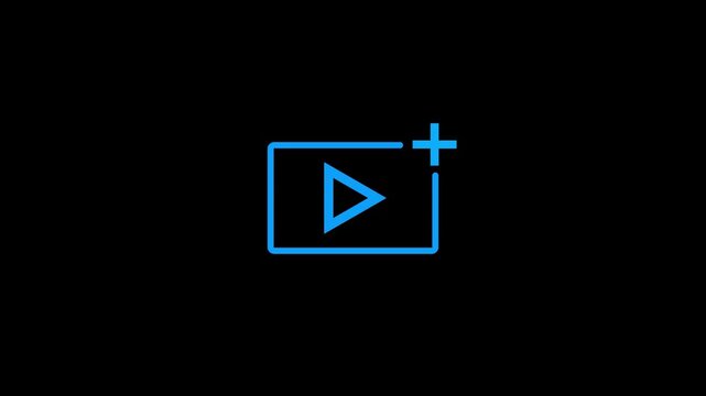 Play button folder upload icon with plus sign on black background .