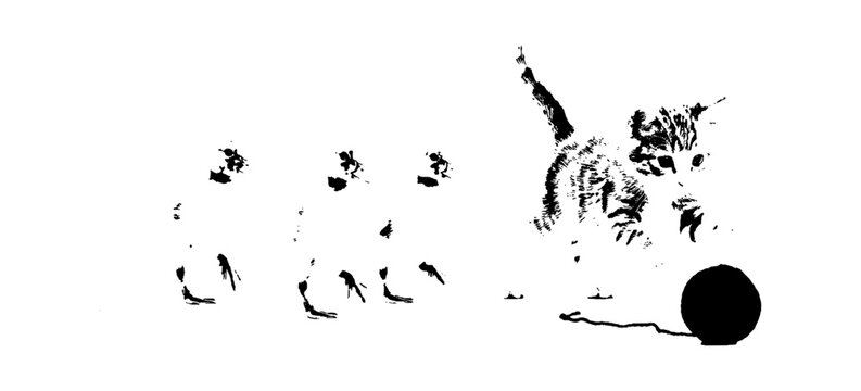 Black and white silhouette illustration of a cute playful kitten jumping and batting at a ball of yarn isolated on transparent background, Vector