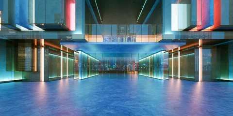 3d rendering modern building exterior with futuristic glass walls and neon lights © jamesteoh.art