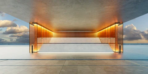 3d rendering modern building exterior with illuminated glass wall stairs © jamesteoh.art