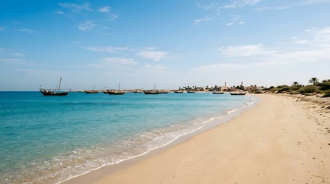 Traditional Gulf Coastal Scene with Dhow Boats Moored at Sandy Shore under Clear Blue Sky