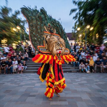 Reog ponorogo traditional indonesian dance performance with peacock feathers