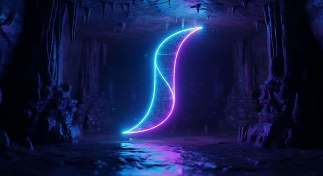 Glowing neon sshaped light trail floating in a dark mysterious cavern