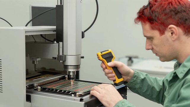 Technician Measuring Equipment with Handheld Device