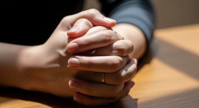 Close-up of human hands clasped together on a wooden table in a contemplative or prayerful gesture