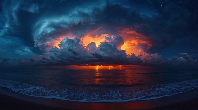 Dramatic supercell thunderstorm with lightning bolts over the dark ocean at night